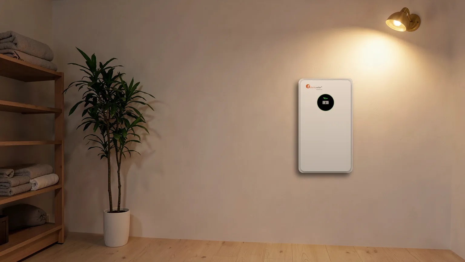 Magazyn energii Felicity FLA48206WG1-EU na ścianie wnętrza wieczorem (wizualizacja)