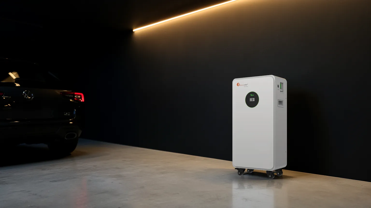 Magazyn energii Felicity FLA48280TG2-EU w garażu nocą (wizualizacja)