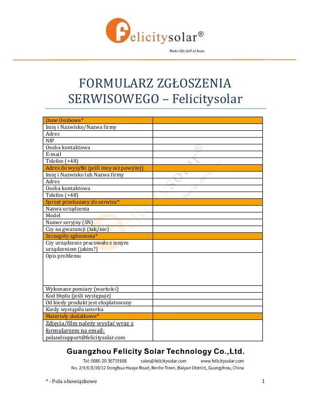 Pierwsza strona formularza zgłoszenia serwisowego Felicity Solar